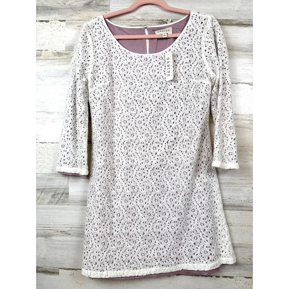 Sabine Womens M White Lace Purple Lined Boho Sheath Mini Dress Summer NWT